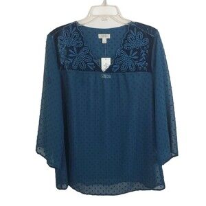 Style & Co Sheer Swiss Dot Blouse Velvet Eyelet Yoke NWT Size Large Boho Peasant